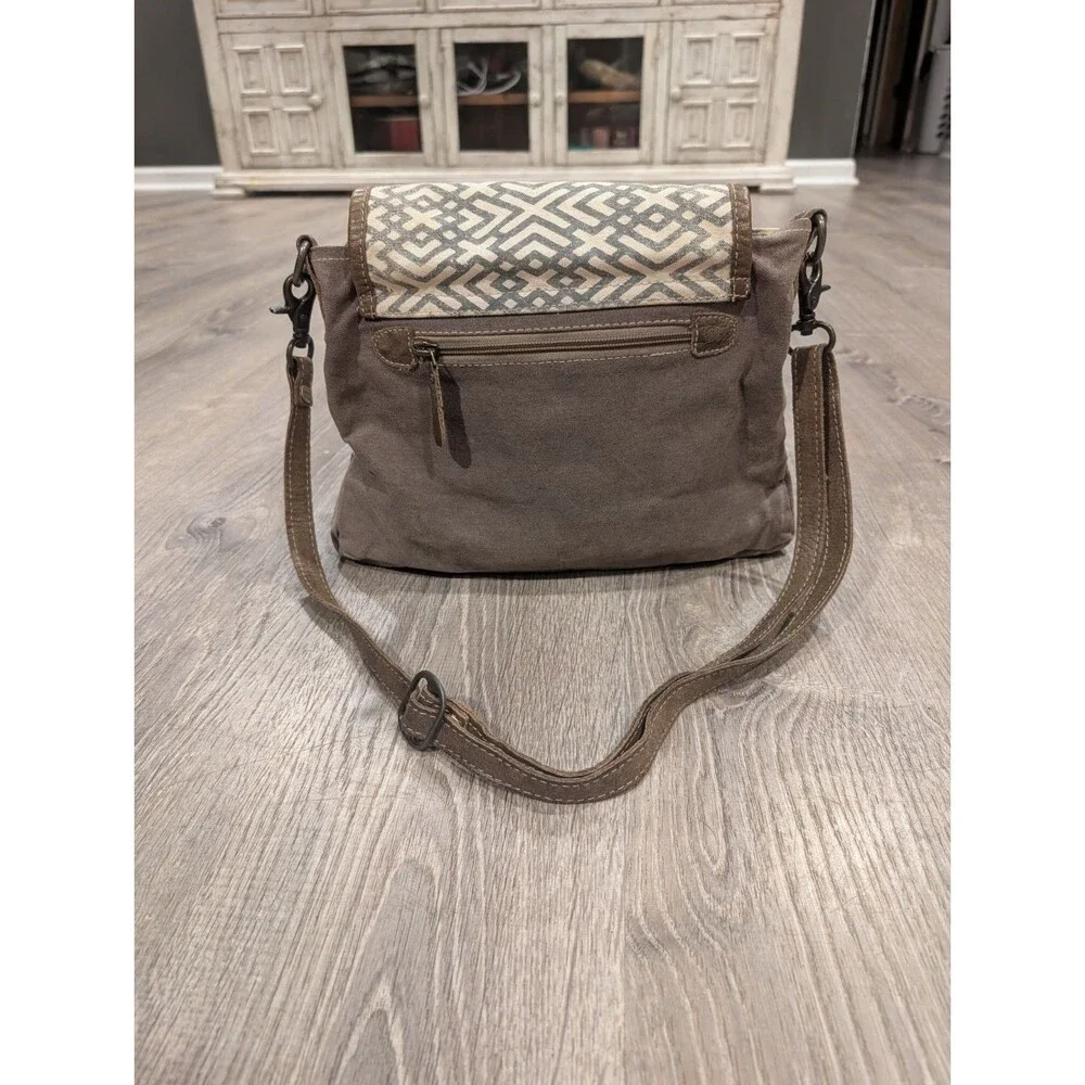 Myra Bag Cranky Upcycled Canvas Leather Crossbody Shoulder Bag Boho Geometric